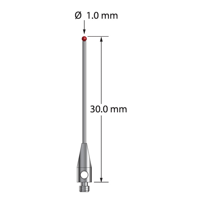M2 stylus with 1.0 mm diameter ruby ball, 0.7 mm diameter carbide stem, and 3.0 mm diameter x 8.0 mm long stainless steel base.  Overall stylus length is 30.0 mm.  Stylus weight is 0.42 gram.  Compare to Renishaw A-5003-0755.