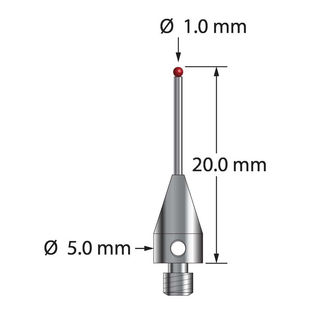 M3 stylus with 1.0 mm diameter ruby ball, 0.8 mm diameter carbide stem, and 5.0 mm diameter x 9.0 mm long titanium base.  Overall stylus length is 20.0 mm.  Stylus weight is 0.71 gram.  Compare to Zeiss 626113-0103-020.