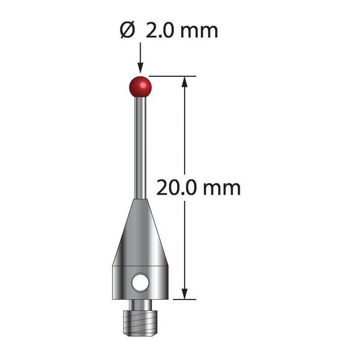 M3 XXT stylus with 2.0 mm diameter ruby ball, 1.0 mm diameter carbide stem, and 5.0 mm diameter x 9.0 mm long titanium base.  Overall stylus length is 20.0 mm.  Stylus weight is 0.64 gram.  Compare to Zeiss 626113-0200-020.