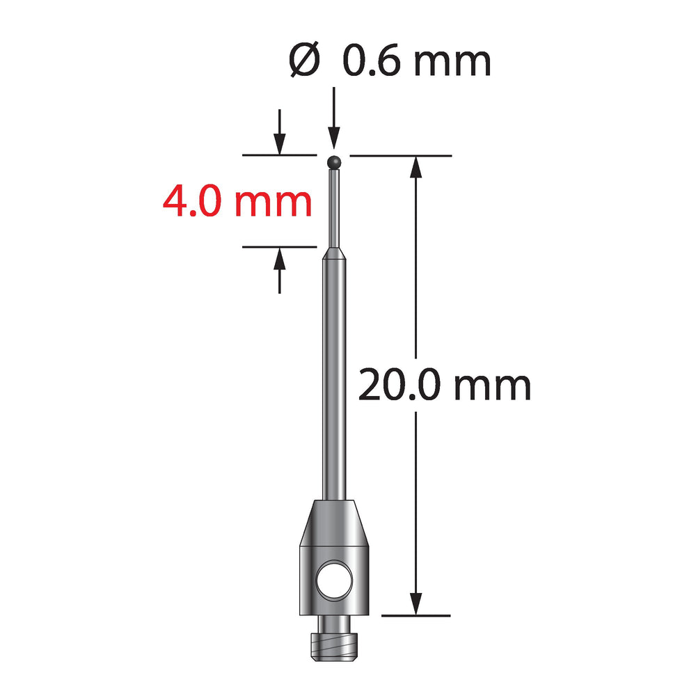 M2 stylus with 0.6 mm diameter carbide ball, stepped carbide shaft, and 3.0 mm diameter x 5.0 mm long stainless steel base.  Minor stem diameter is 0.4 mm, major diameter is 1.0 mm.  Overall stylus length is 20.0 mm.  Stylus weight is 0.36 gram.