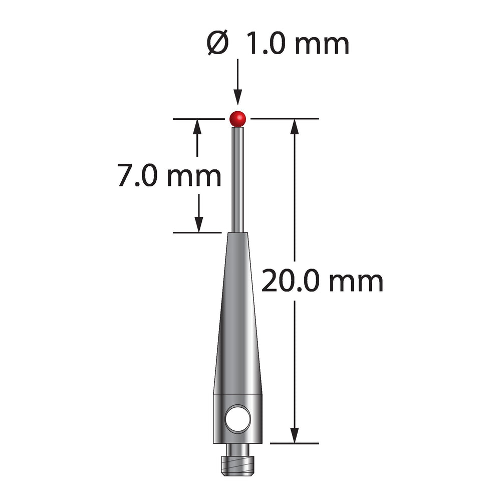 M2 stylus with 1.0 mm diameter ruby ball, 0.7 mm diameter carbide stem, and 3.0 mm diameter x 13.0 mm long stainless steel base.  Stylus length to ball center is 20.0 mm. Stylus weight is 0.51 gram.  Compare to Renishaw A-5000-7808.