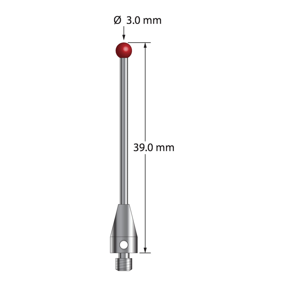 M3 stylus with 3.0 mm diameter ruby ball, 1.5 mm diameter carbide stem, and 5.0 mm diameter x 9.0 mm long titanium base.  Overall stylus length is 39.0 mm.  Stylus weight is 1.31 gram.  Compare to Zeiss 626103-0354-039.