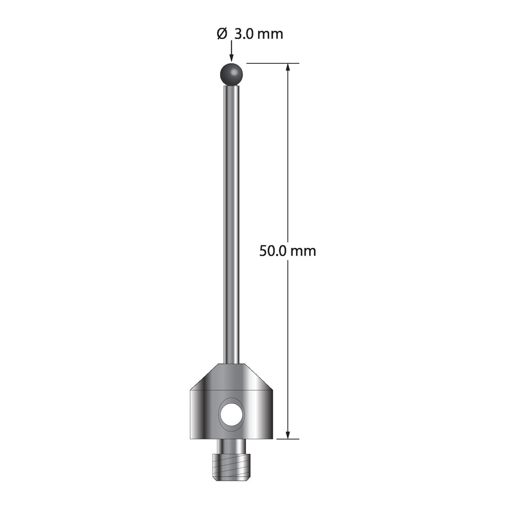 M5 stylus with 3.0 mm diameter silicon nitride ball, 2.0 mm diameter carbide stem, and 11.0 mm diameter x 10.0 mm long stainless steel base.  Overall stylus length is 50.0 mm.  Stylus weight is 7.50 grams.  Compare to Renishaw A-5555-3787 and Zeiss 626115-0302-050.