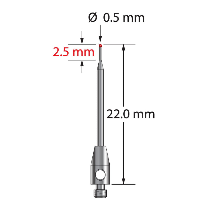 M2 stylus with 0.5 mm diameter ruby ball, tapered carbide stem, and 3.0 mm diameter x 6.0 mm long stainless steel threaded base.  Minor stem diameter is 0.3 mm, major diameter is 1.0 mm.  Overall stylus length is 22.0 mm.  Stylus weight is 0.35 grams.  Compare to Zeiss 626102-5444-022.