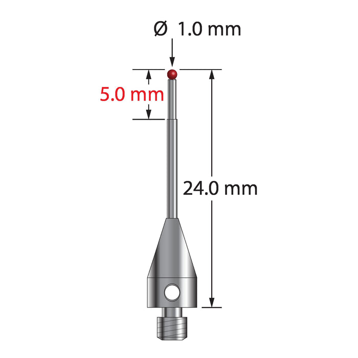 M3 Therm-X stylus with 1.0 mm diameter ruby ball, stepped carbide stem, and 5.0 mm diameter x 9.0 mm long titanium base.  Major stem diameter is 1.0 mm, minor diameter is 0.8 mm.  Overall stylus length is 24.0 mm.  Stylus weight is 0.70 gram.  Compare to Zeiss 626103-0044-024.