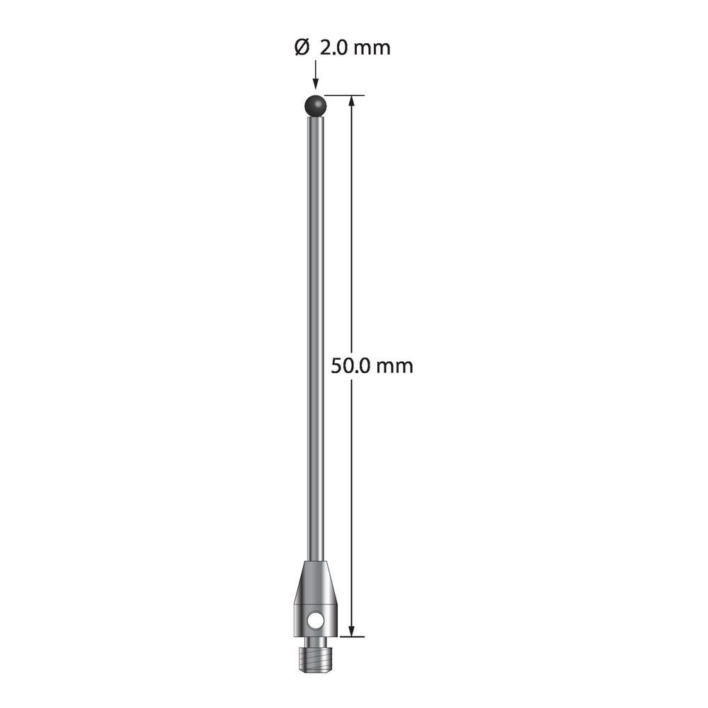 M3 stylus with 2.0 mm diameter silicon nitride ball, 1.5 mm diameter carbide stem, and 4.0 mm diameter x 7.0 mm long stainless steel base.  Overall stylus length is 50.0 mm.  Stylus weight is 1.73 grams.