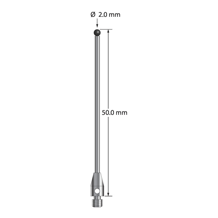 M3 stylus with 2.0 mm diameter silicon nitride ball, 1.5 mm diameter carbide stem, and 4.0 mm diameter x 7.0 mm long stainless steel base.  Overall stylus length is 50.0 mm.  Stylus weight is 1.73 grams.