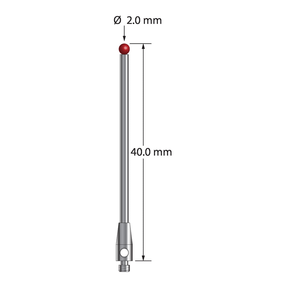 M2 stylus with 2.0 mm diameter ruby ball, 1.5 mm diameter carbide stem, and 3.0 mm diameter x 7.0 mm long stainless steel base.  Overall stylus length is 40.0 mm.  Stylus weight is 1.17 grams.